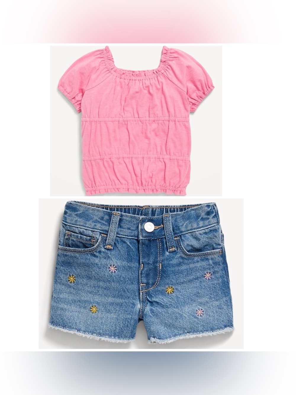 Old Navy Girls Pink Puff Sleeve Top & Embroidered Denim Shorts Set. Size 12M-18M
